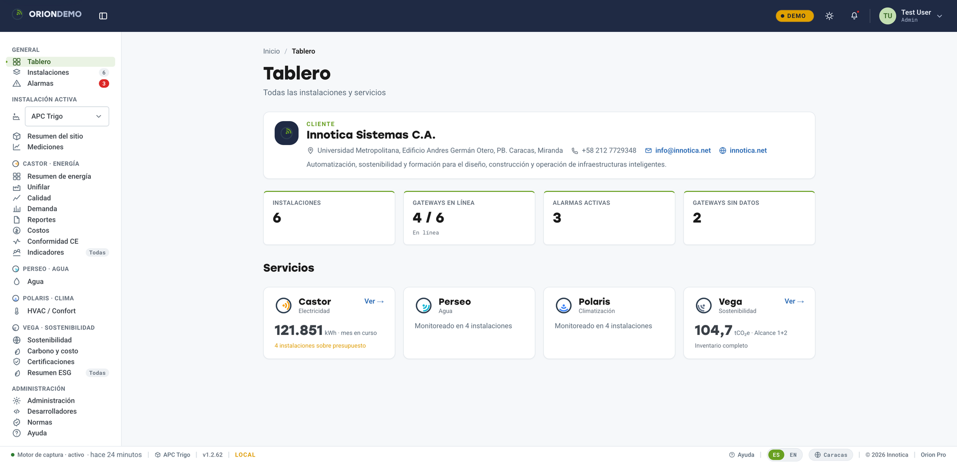 Tablero multi-sede: instalaciones, gateways en línea y alarmas activas.