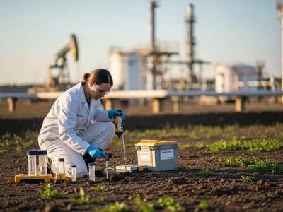 Científica ambiental tomando muestras de suelo en campo petrolero