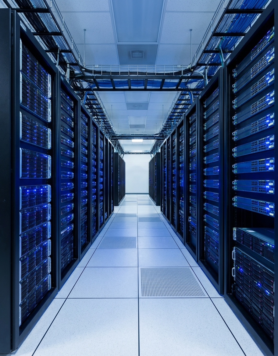 Sala de servidores con racks y LEDs azules